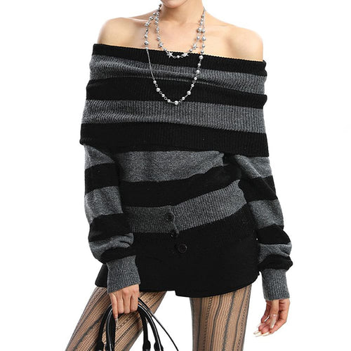 Boogzel Apparel Black and Grey Off-Shoulder Knit Top