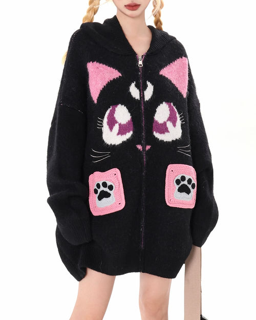 Boogzel Apparel Black Cat Knit Zip Up Hoodie