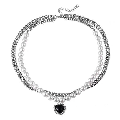 Boogzel Apparel Black Heart Pearl Necklace