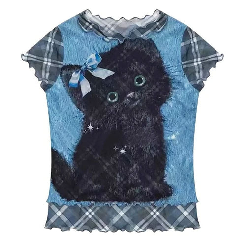 Boogzel Apparel Black Kitten Print Y2K Plaid Top