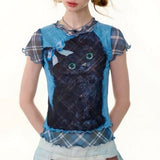 Boogzel Apparel Black Kitten Print Y2K Plaid Top, view 2