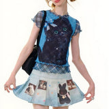 Boogzel Apparel Black Kitten Print Y2K Plaid Top, view 3