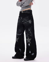 Boogzel Apparel Black Star Wide Leg Jeans, view 3