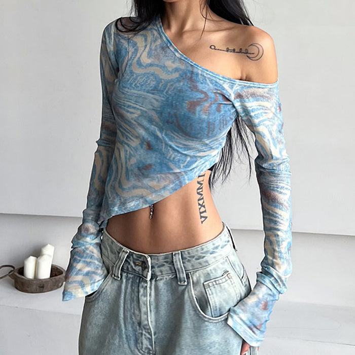 Boogzel Apparel Blue Marble Asymmetrical Crop Top