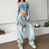 Boogzel Apparel Blue Marble Asymmetrical Crop Top, view 3