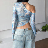Boogzel Apparel Blue Marble Asymmetrical Crop Top, view 4