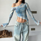 Boogzel Apparel Blue Marble Asymmetrical Crop Top, view 6