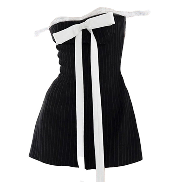 Boogzel Apparel Bow Lace Striped Mini Dress