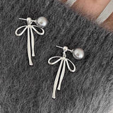 Boogzel Apparel Bow Pendant Pearl Earrings, view 2