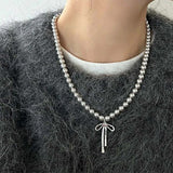 Boogzel Apparel Bow Pendant Pearl Necklace, view 3