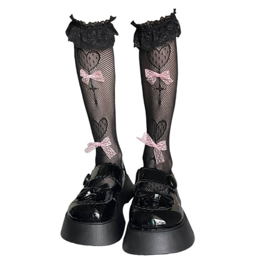 Boogzel Apparel Bows Fishnet Knee Socks