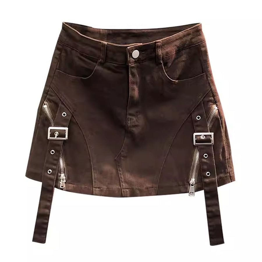 Boogzel Apparel Brown Denim Buckle Skirt