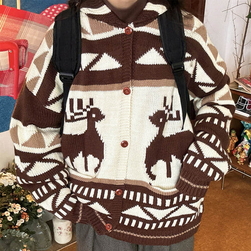 Boogzel Apparel Brown Reindeer Knit Hooded Cardigan