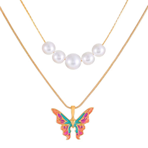 Boogzel Apparel Butterfly Pearl Layered Necklace