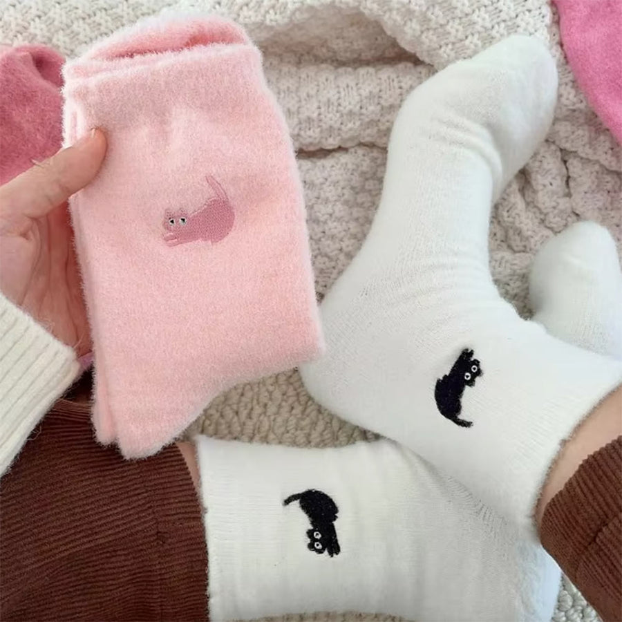 Boogzel Apparel Cat Embroidery Fuzzy Socks