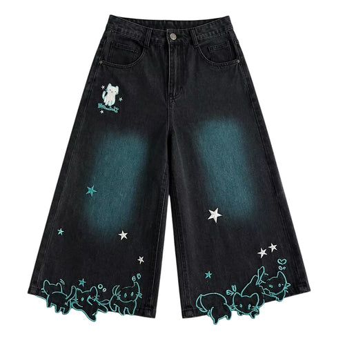 Boogzel Apparel Cat Print Denim Shorts