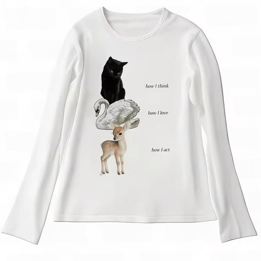 Boogzel Apparel Cat Swan Deer Y2K Long Sleeve Top