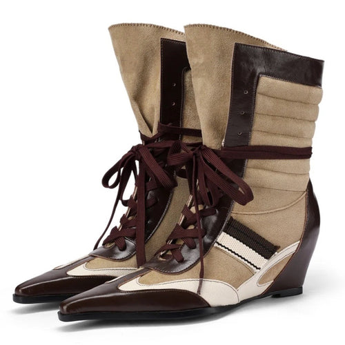 Boogzel Apparel Coffee & Cream Pointed Toe Wedge Boots