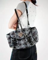 Boogzel Apparel Come As You Are Spiked Heart Plaid Shoulder Bag, view 4