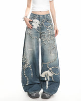 Boogzel Apparel Coquette Bow Chain Print Jeans, view 2
