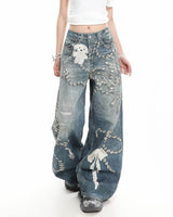 Boogzel Apparel Coquette Bow Chain Print Jeans, view 5