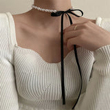 Boogzel Apparel Coquette Bow Pearl Necklace, view 2