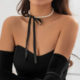 Boogzel Apparel Coquette Bow Pearl Necklace, view 4