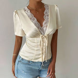Boogzel Apparel Coquette Girl Satin Lace Blouse, view 2