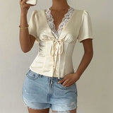 Boogzel Apparel Coquette Girl Satin Lace Blouse, view 3