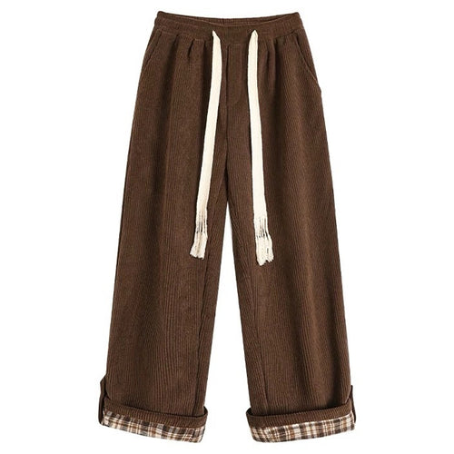 Boogzel Apparel Cord Wide-Leg Pants with Plaid Cuffs