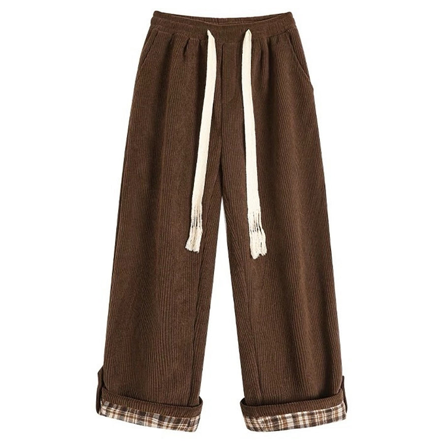 Boogzel Apparel Cord Wide-Leg Pants with Plaid Cuffs