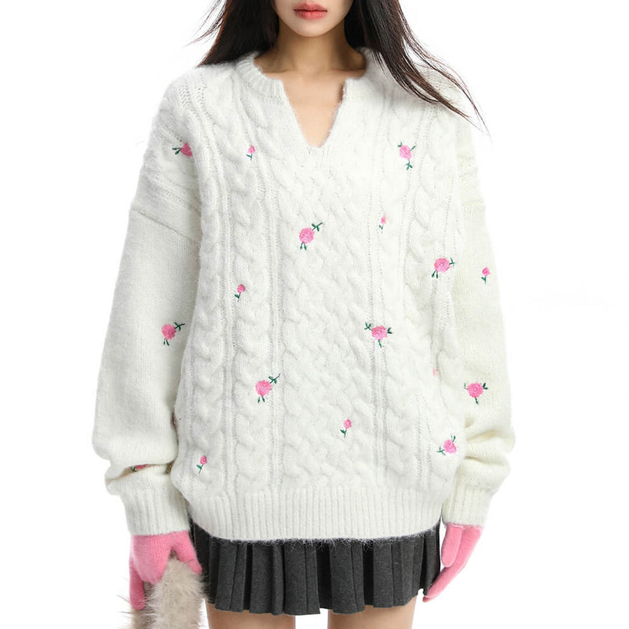 Boogzel Apparel Cottagecore Cable Knit Rose Sweater