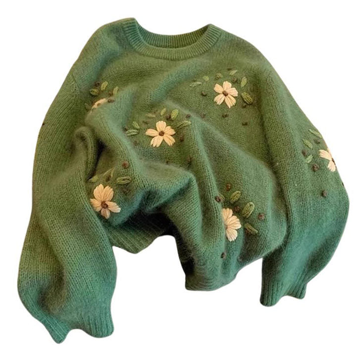 Boogzel Apparel Cottagecore Floral Embroidery Green Sweater