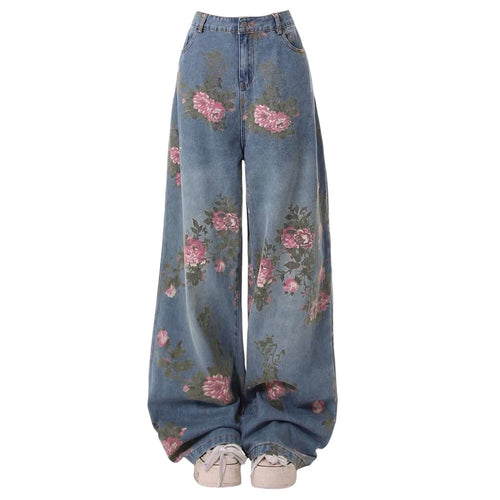 Boogzel Apparel Cottagecore Rose Print Wide Jeans