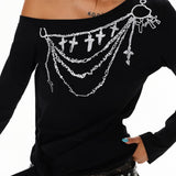 Boogzel Apparel Cross Chain Print One-Shoulder Top, view 3