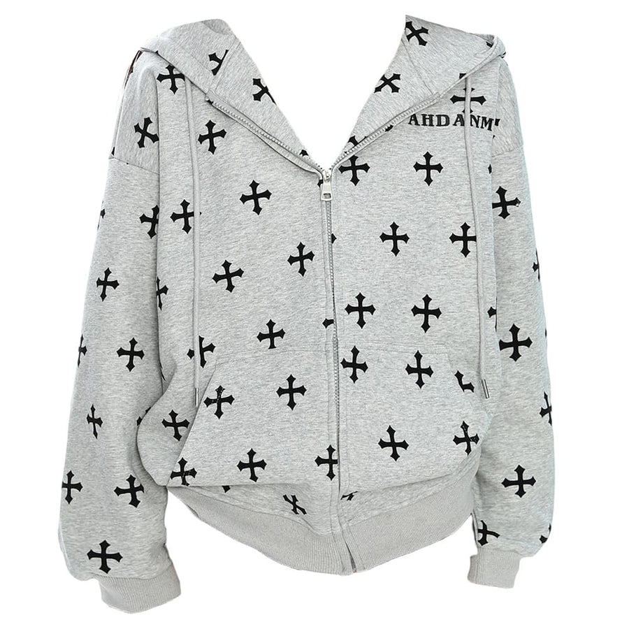 Boogzel Apparel Cross Print Zip Up Hoodie