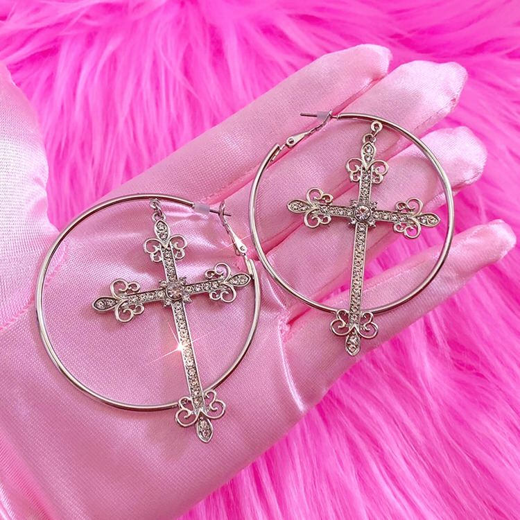 Boogzel Apparel Crystal Cross Hoop Earrings