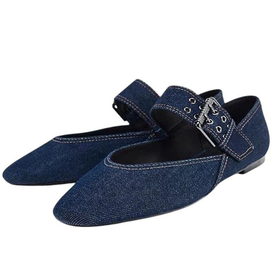 Boogzel Apparel Denim Buckle Strap Mary Jane Flats