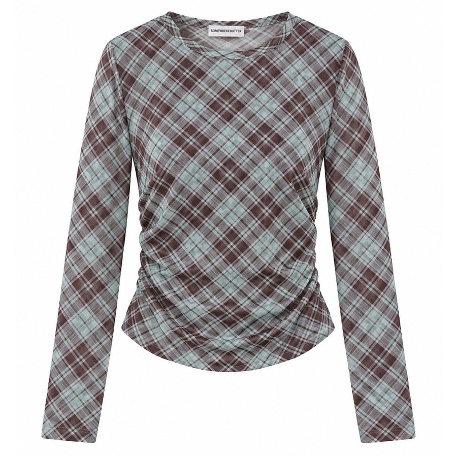 Boogzel Apparel Diagonal Plaid Long Sleeve Mesh Top