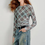 Boogzel Apparel Diagonal Plaid Long Sleeve Mesh Top, view 5