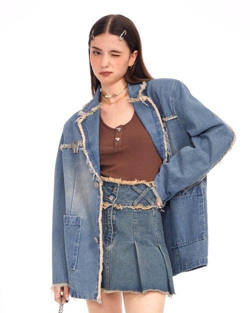 Boogzel Apparel Distressed Denim Blazer in Blue