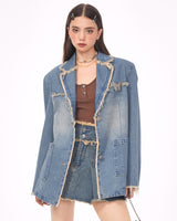 Boogzel Apparel Distressed Denim Blazer in Blue, view 2