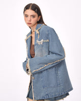 Boogzel Apparel Distressed Denim Blazer in Blue, view 4