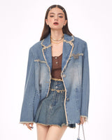 Boogzel Apparel Distressed Denim Blazer in Blue, view 5
