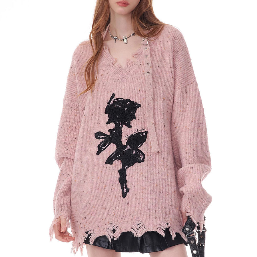 Boogzel Apparel Distressed Rose Print Sweater