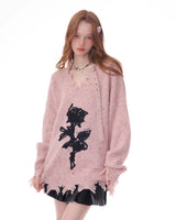 Boogzel Apparel Distressed Rose Print Sweater, view 4