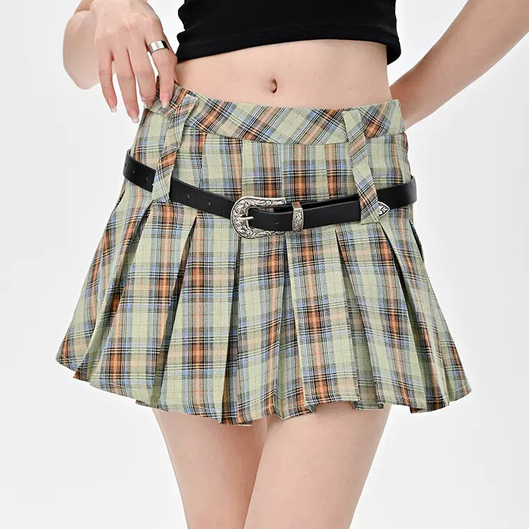 Boogzel Apparel Double Belt Plaid Pleated Skirt in Green