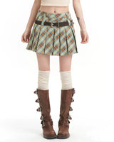Boogzel Apparel Double Belt Plaid Pleated Skirt in Green, view 3