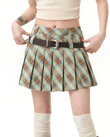 Boogzel Apparel Double Belt Plaid Pleated Skirt in Green, view 4