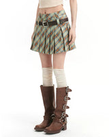 Boogzel Apparel Double Belt Plaid Pleated Skirt in Green, view 5
